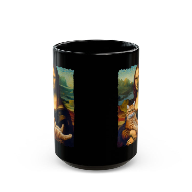 Black Mug (11oz, 15oz), Mona Lisa Coffee Mug, Humorous Kitty Cat coffee tea mug, Silly customized gift, uplifting kitchenware