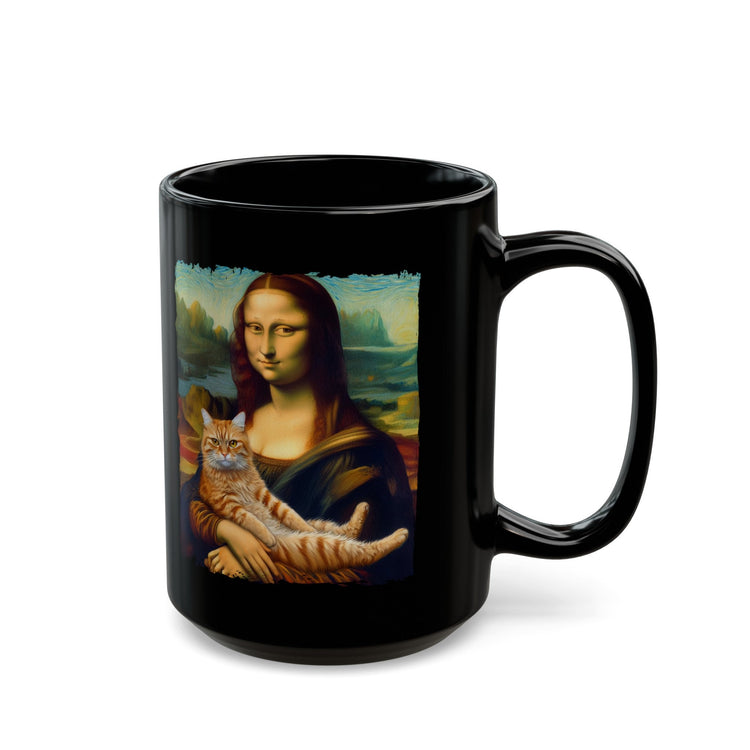 Black Mug (11oz, 15oz), Mona Lisa Coffee Mug, Humorous Kitty Cat coffee tea mug, Silly customized gift, uplifting kitchenware