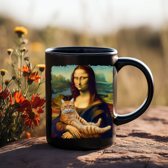 Black Mug (11oz, 15oz), Mona Lisa Coffee Mug, Humorous Kitty Cat coffee tea mug, Silly customized gift, uplifting kitchenware