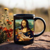 Black Mug (11oz, 15oz), Mona Lisa Coffee Mug, Humorous Kitty Cat coffee tea mug, Silly customized gift, uplifting kitchenware