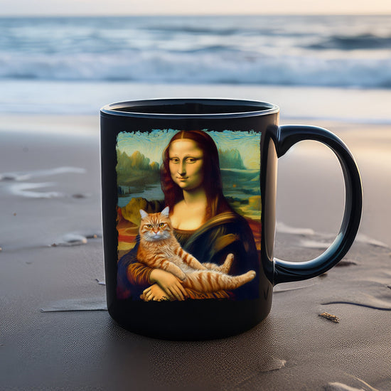 Black Mug (11oz, 15oz), Mona Lisa Coffee Mug, Humorous Kitty Cat coffee tea mug, Silly customized gift, uplifting kitchenware