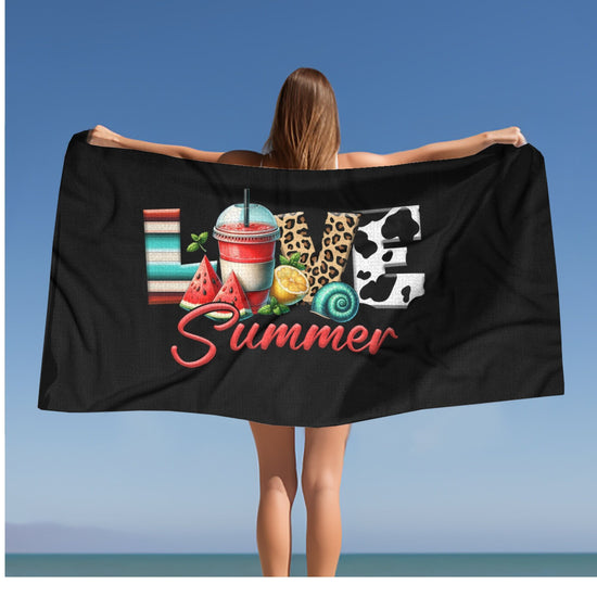 Beach Towel, Summer Love Black Everyday Colorful Large Terry Cloth Lush  Fun Beach Sand Towel