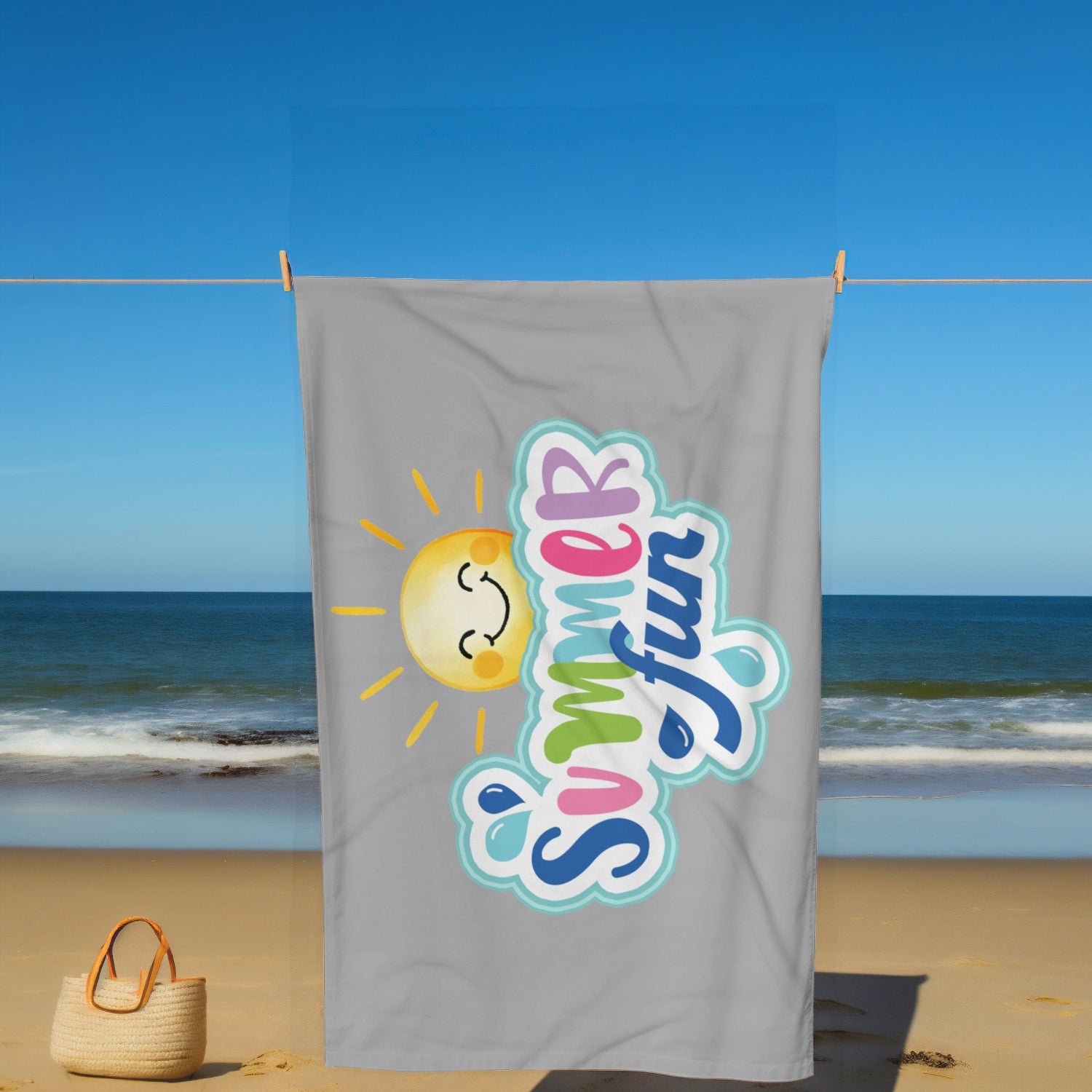 Beach Towel, Oversized Happy Sunny bright colorful Sand Beach Vacation Travel Towel