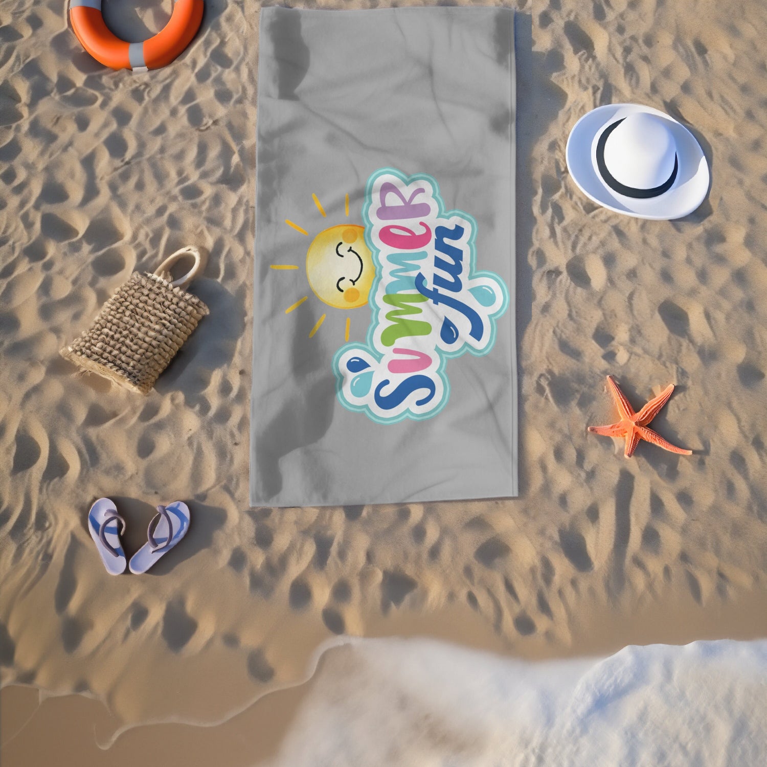 Beach Towel, Oversized Happy Sunny bright colorful Sand Beach Vacation Travel Towel
