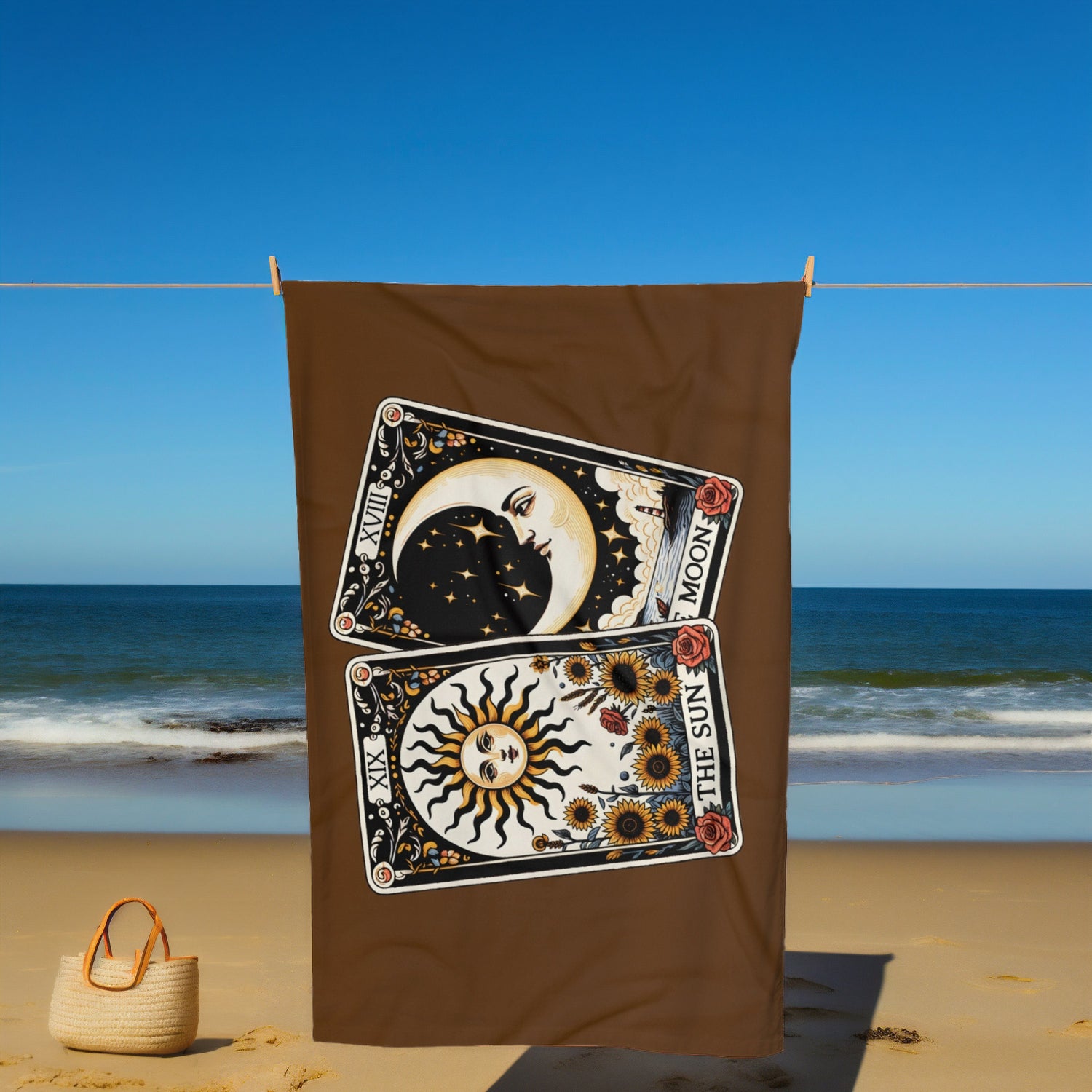 Beach Towel, Brown Celestial Beach Towel, Horoscope Tarot Cards, Great Mystical inspired gift, spiritual inspired gift, Heavy Lush towel