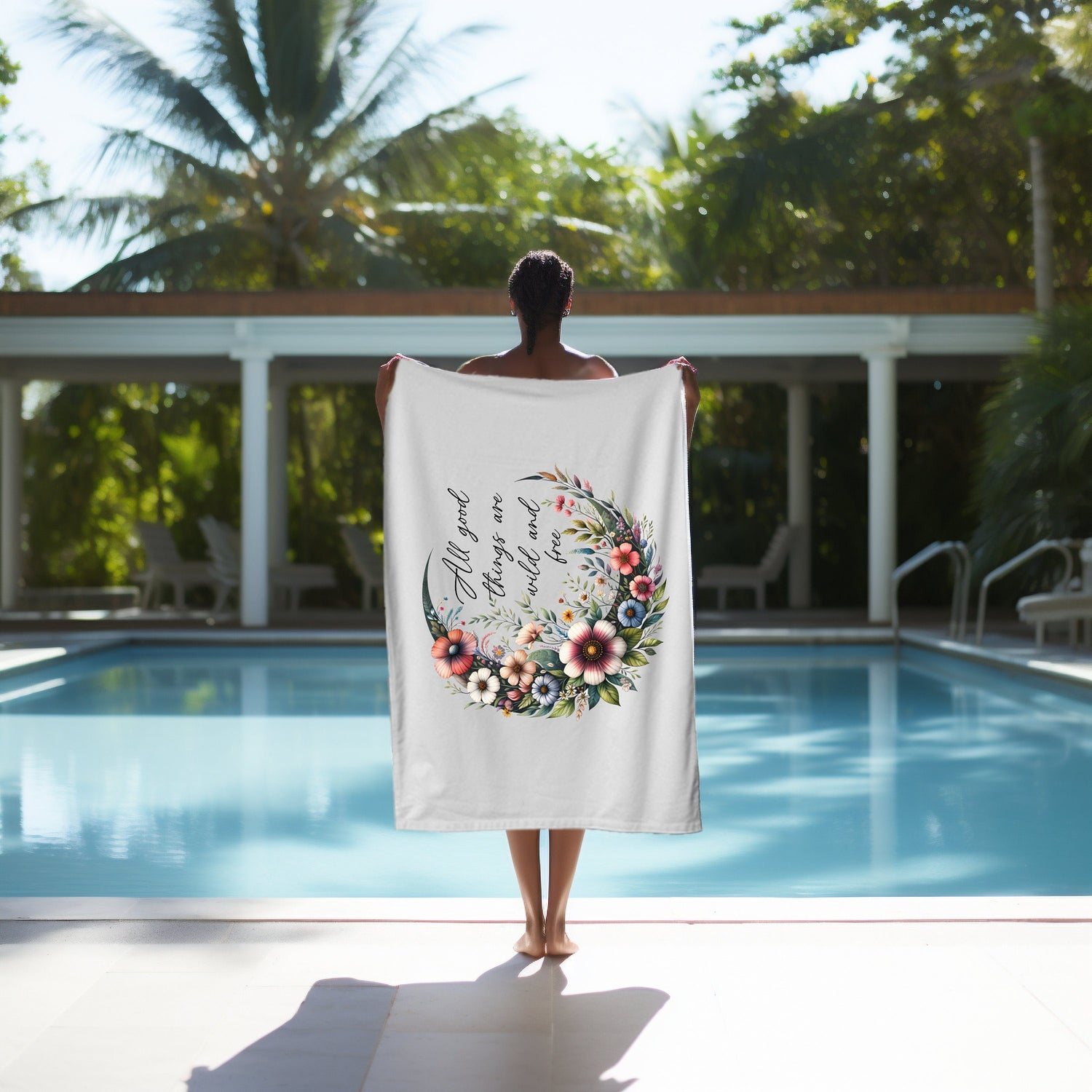 Beach Towel, Soft Thick Lush Celestial Moon Flower White Oversized Summer Beach Day Towel