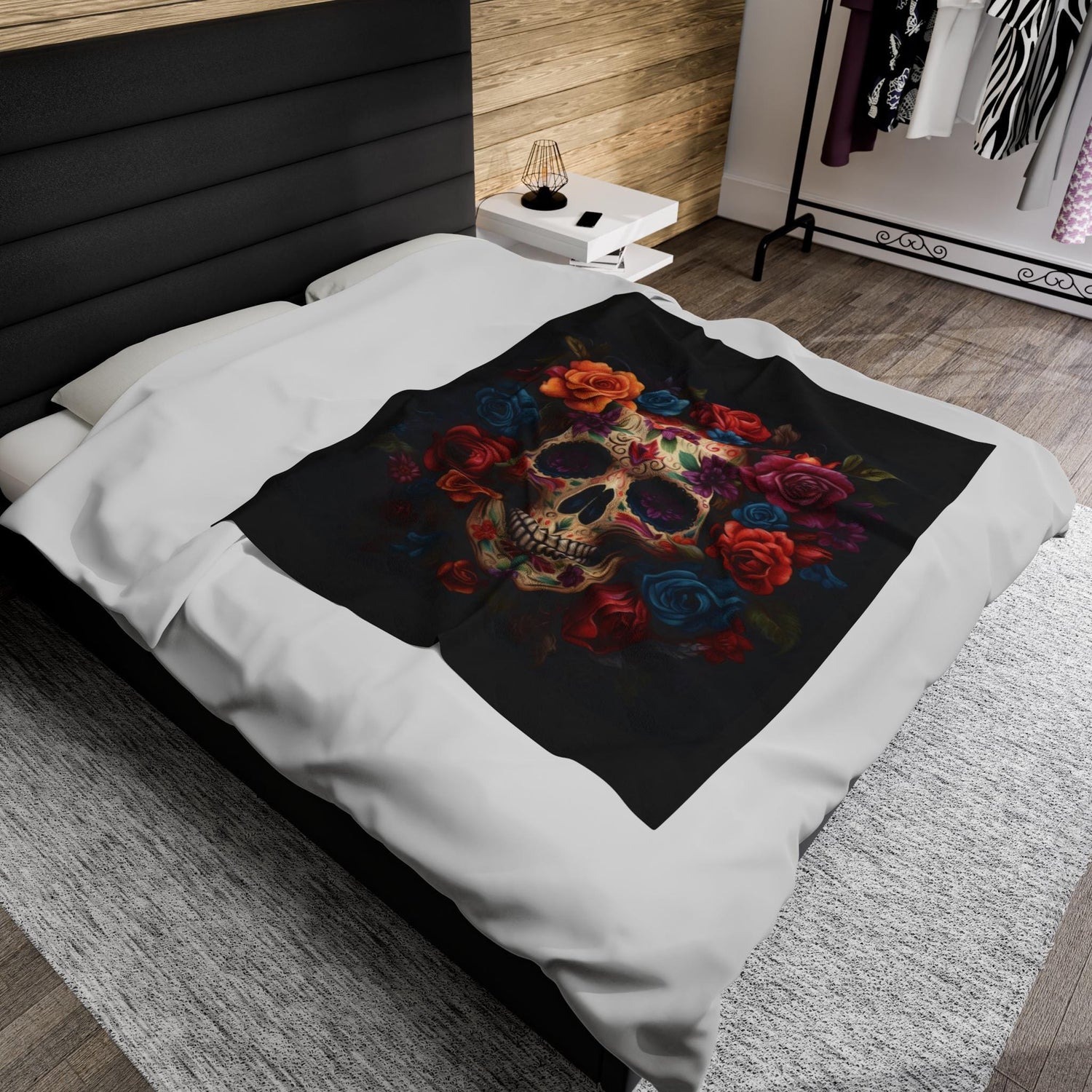 Velveteen Blanket, Day of the Dead Dia de los Muertos traditional sugar skull spooky gothic Halloween fashion cozy couch bed throw blanket
