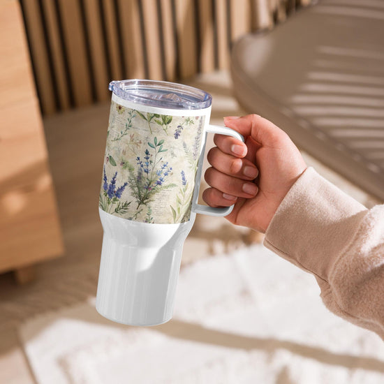 Travel mug with a handle, floral lavendar pattern design water coffee tea car and travel tumbler great for office and back to school