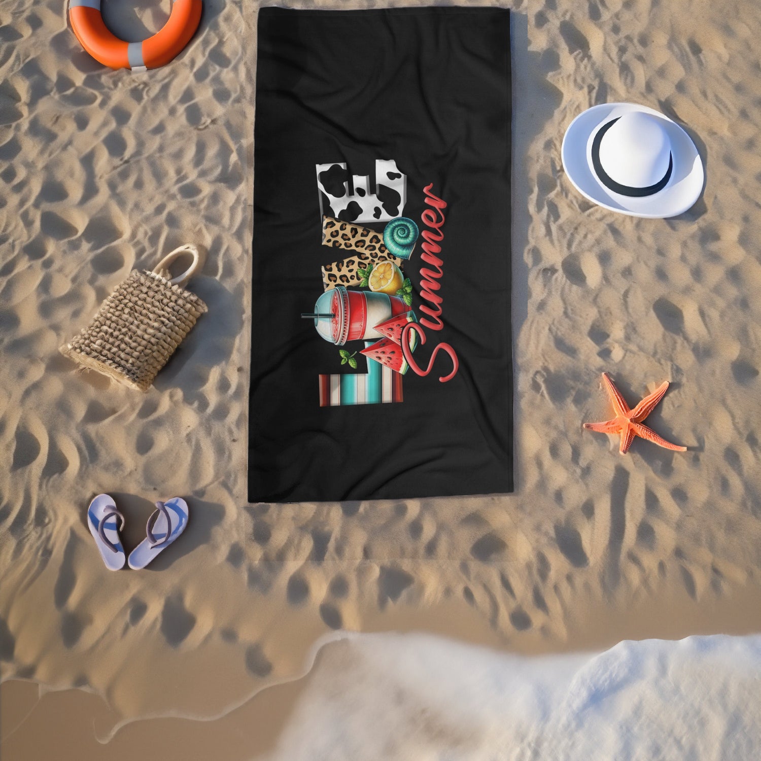 Beach Towel, Summer Love Black Everyday Colorful Large Terry Cloth Lush Fun Beach Sand Towel