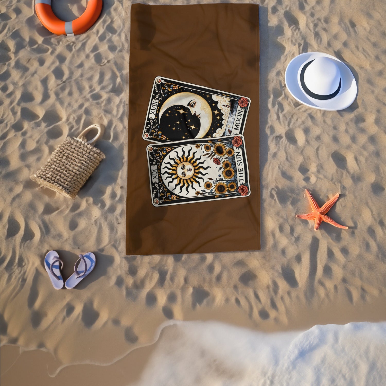Beach Towel, Brown Celestial Beach Towel, Horoscope Tarot Cards, Great Mystical inspired gift, spiritual inspired gift, Heavy Lush towel