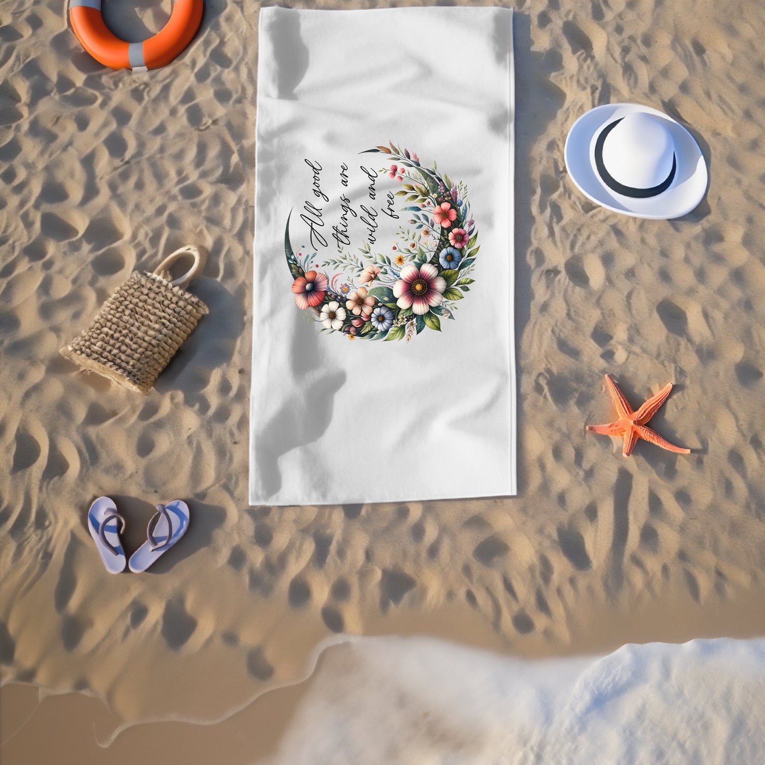 Beach Towel, Soft Thick Lush Celestial Moon Flower White Oversized Summer Beach Day Towel