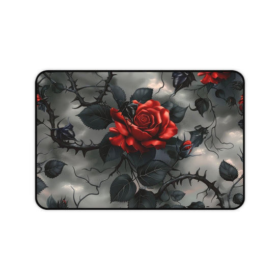 Alfombrilla de escritorio con diseño de murciélagos y rosas, estilo gótico, con rosas rojas y espinas negras, ideal para dormitorio, trabajo, oficina, hogar, teclado, ratón, ideal para estudiantes.