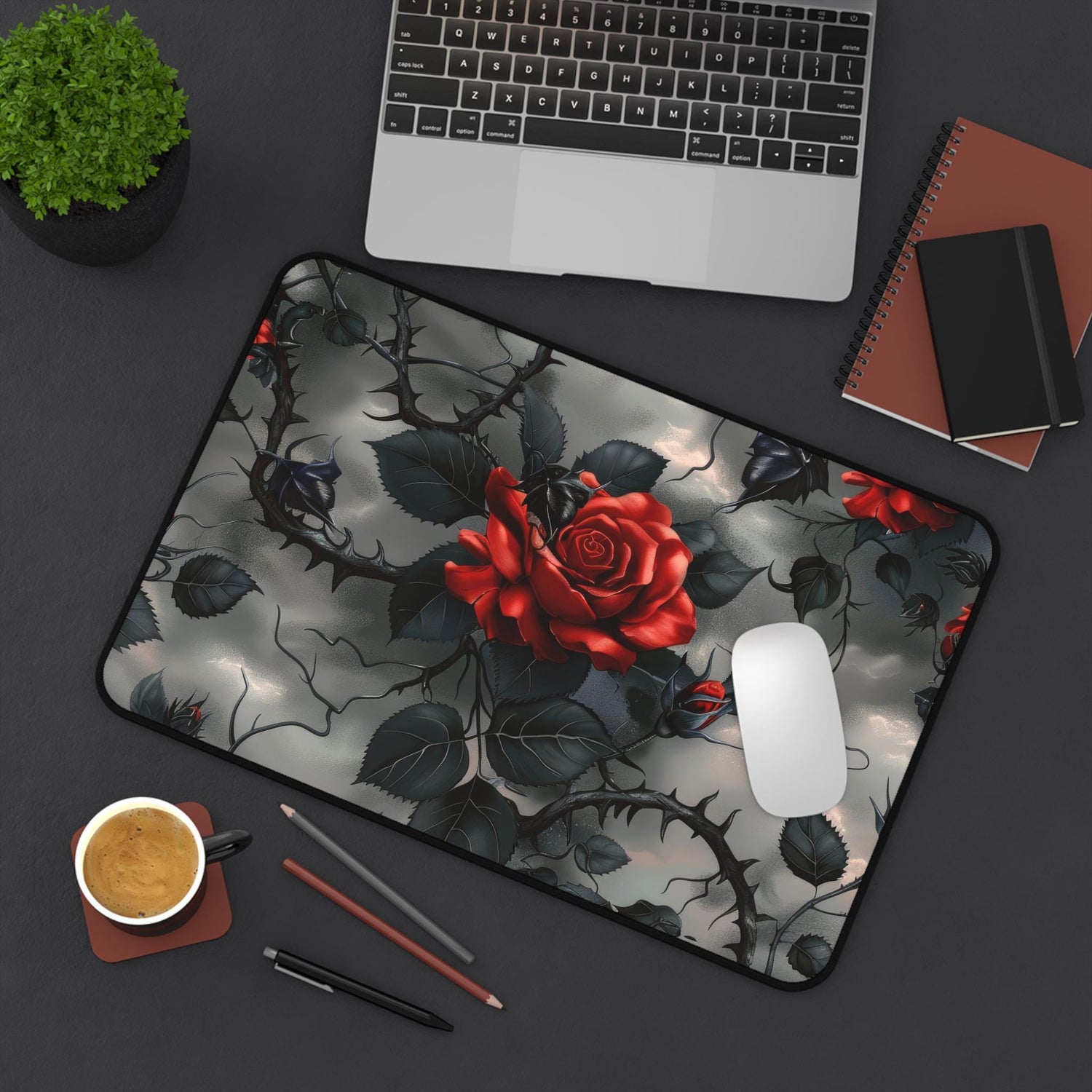 Desk Mat, Bats and Roses cool gothic style red rose black thorn design dorm work office home keypad mouse desk pad great for student