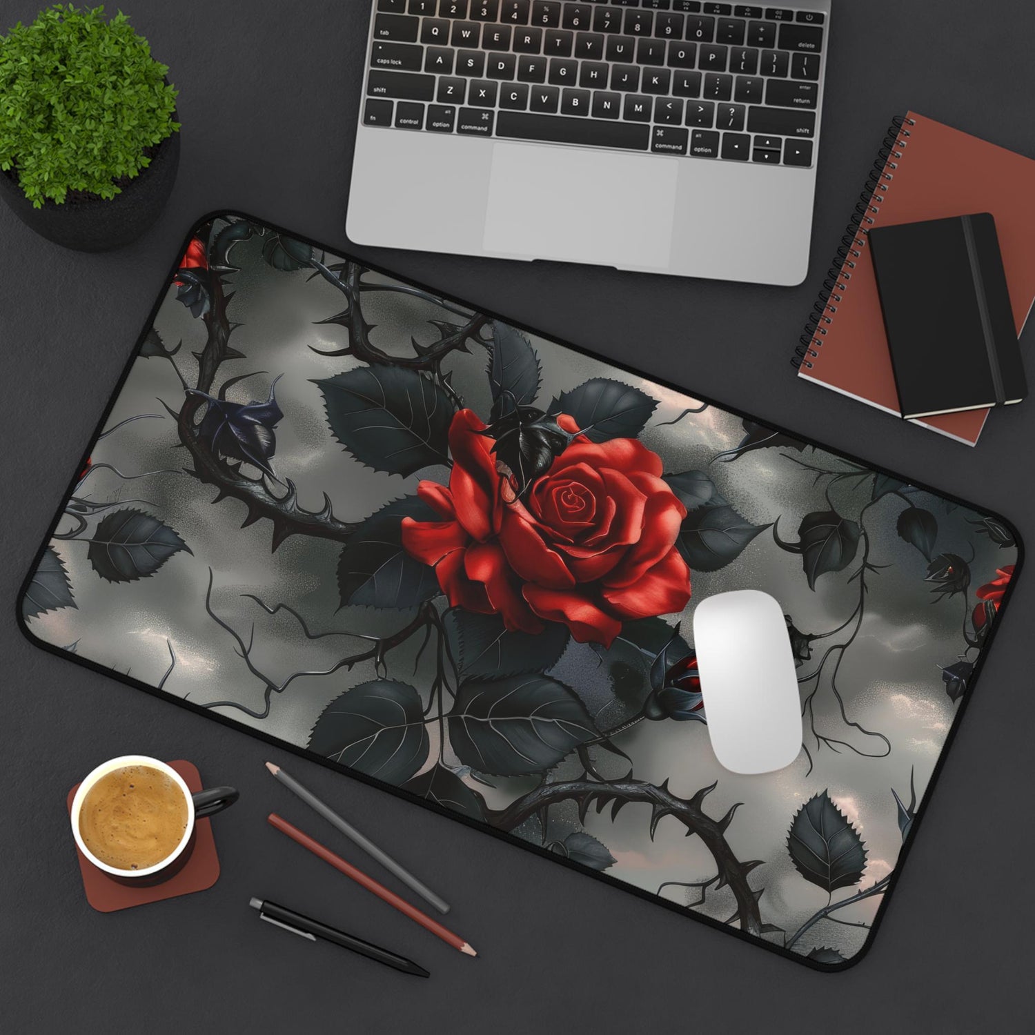 Desk Mat, Bats and Roses cool gothic style red rose black thorn design dorm work office home keypad mouse desk pad great for student