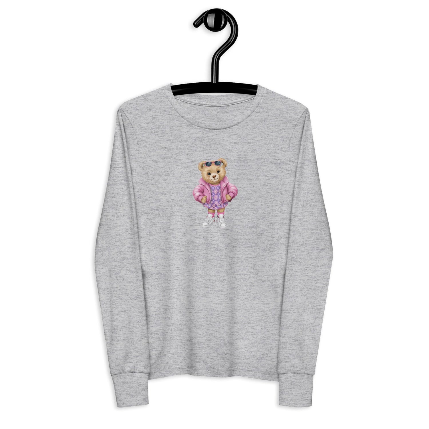 Youth long sleeve tee, Female child cute adorable fashion girlie Teddy Bear design wear for everyday casual classroom playground school day
