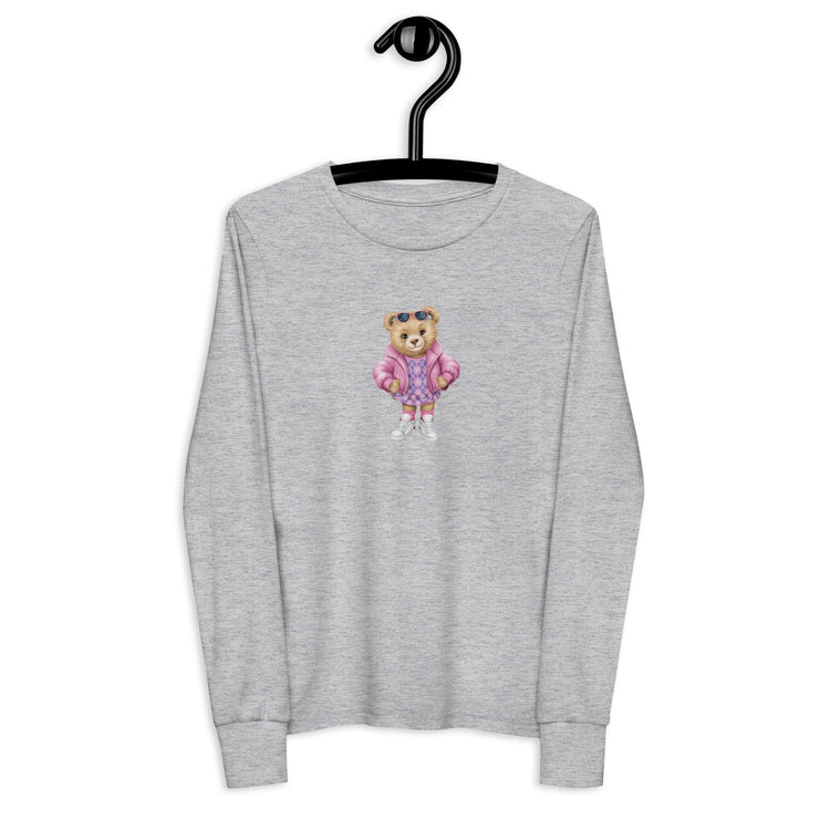 Youth long sleeve tee, Female child cute adorable fashion girlie Teddy Bear design wear for everyday casual classroom playground school day