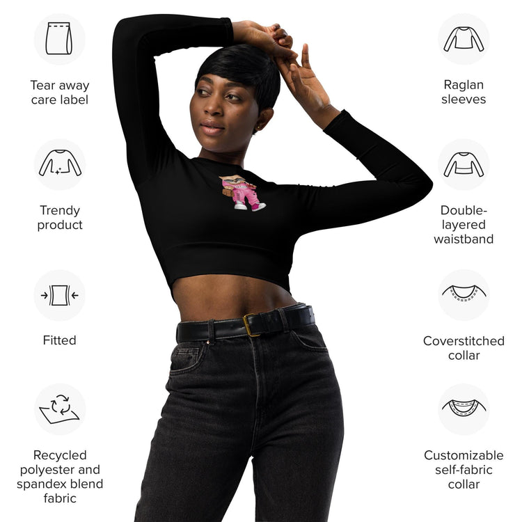 Recycled long-sleeve crop top, sarcastic adorable teddy bear doll comfy gym school fun casual stylish fashionable mid-drif cute shirt