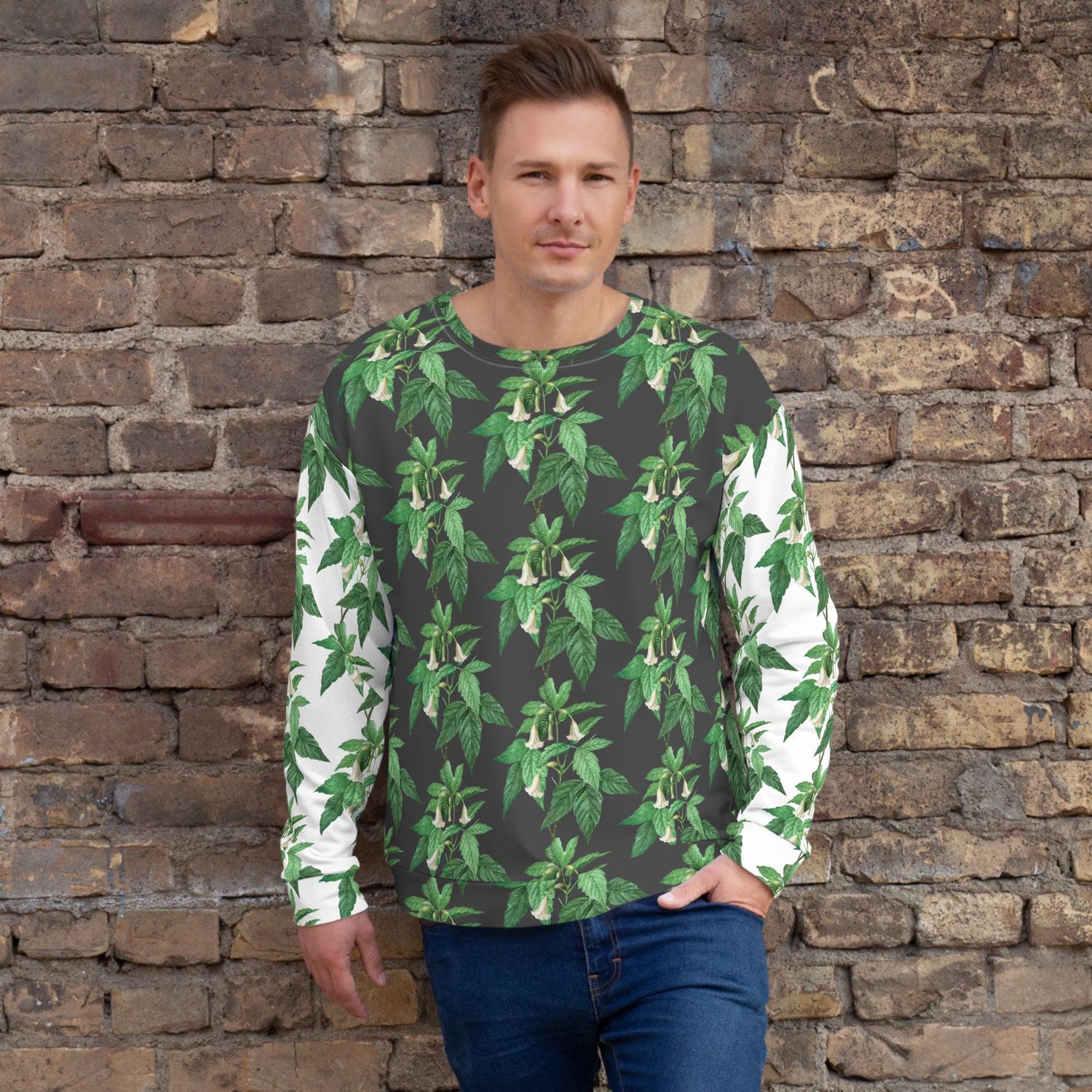 Unisex Sweatshirt, casual green white floral AOP designer stylish back to school wear to office smooth make a statement shirt