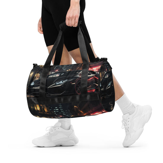 All-over print gym bag, black matte lamborghini exotic car back to school fashion fitness boxing running track workout class duffle bag