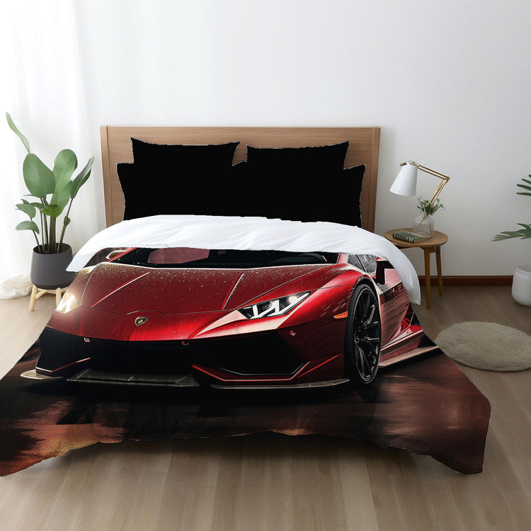 Comforter, Red Lamborghini designer car lover bedroom cozy warm fluffy stylish blanket Comforter room decor