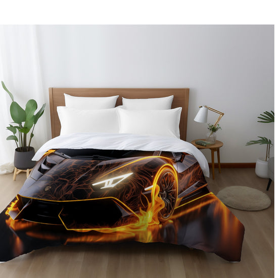 Comforter, Black racing car on fire Lamborghini soft comfy cozy warm stylish young teen bedspread bachelor room decor and great gift