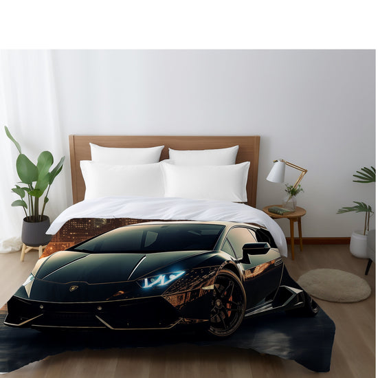 Comforter, Shiny Black Lamborghini designer style warm weather cozy fluffy unique bedspread quilt for Teen Room