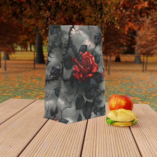 Bolsa de almuerzo de poliéster, estilo gótico, con espinas negras y rosas rojas, ideal para uso diario, informal, para el trabajo, la escuela, el juego, el almuerzo, resistente al agua.