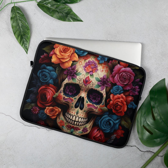 Laptop Sleeve, Day of the dead colorful vibrant floral sugar skull aert design computer ipad business school carrying cover case