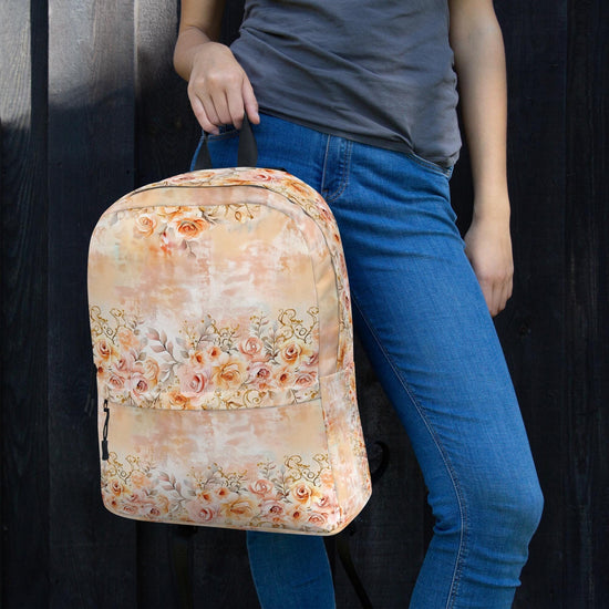 Backpack, peachy pink shabby chic vintage rose style fashion wear for college nurse school and everyday day all purpose carry and tote bag