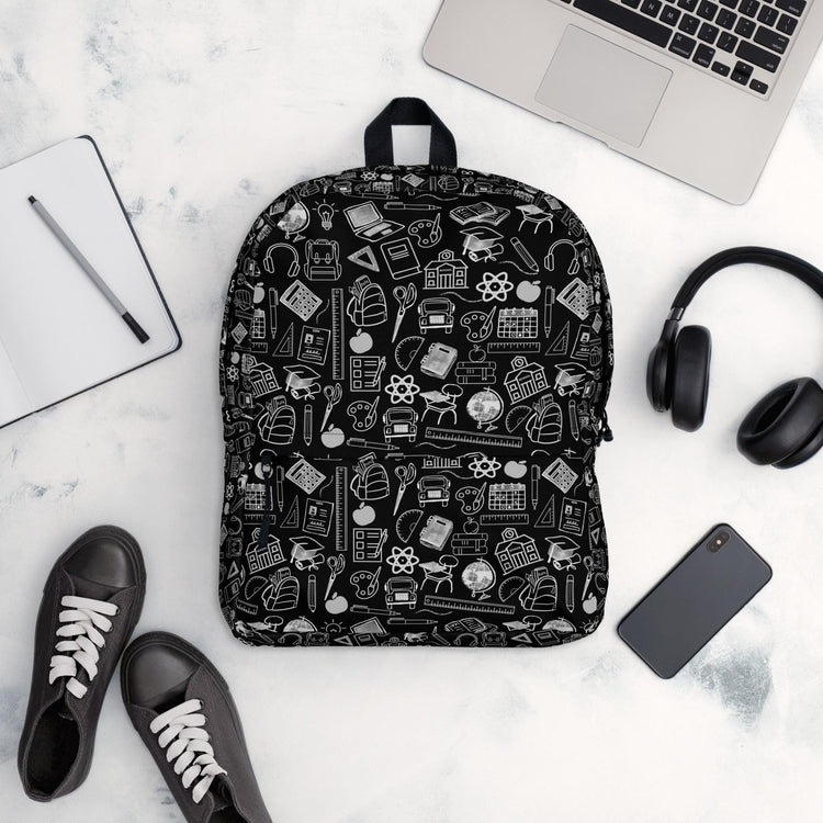 Backpack, Simple black and white minimilist stylish young kid back to school computer ipad crayons pencils supply carrying book bag