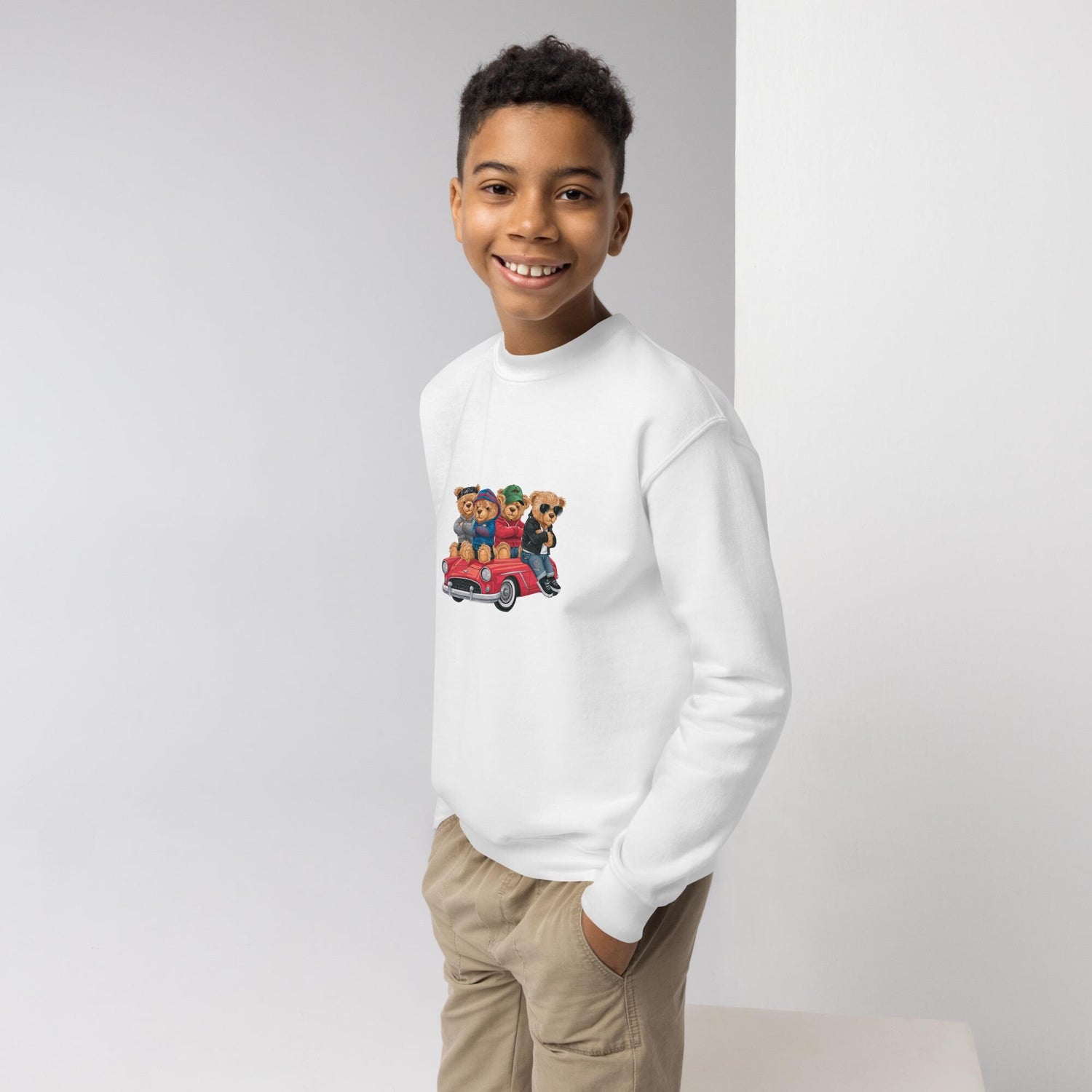 Youth crewneck sweatshirt, Teddy Bears in a car cool cozy casual school yard play time classroom casual dinner school trip kid child sweater