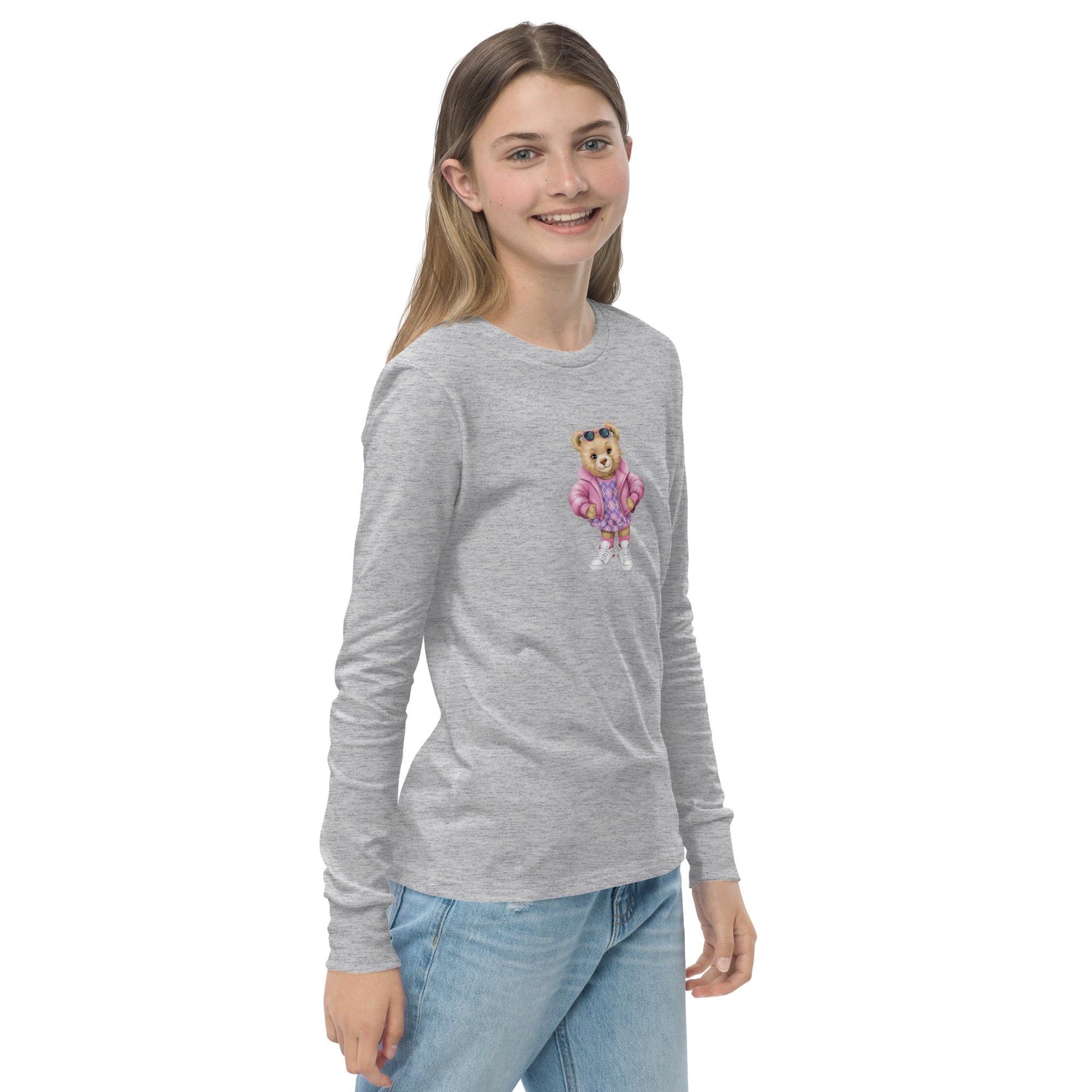 Youth long sleeve tee, Female child cute adorable fashion girlie Teddy Bear design wear for everyday casual classroom playground school day