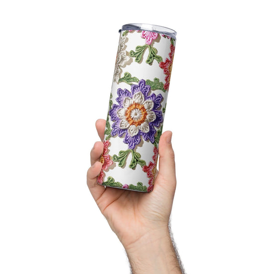 Stainless steel tumbler, stylish large floral crotchet pattern AOP for everyday water juice coffee hot tea school travel walk hiking cup