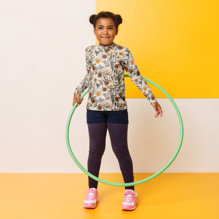 Kids Rash Guard, Crotchet AOP fitted kids back to school casual playground classroom everyday cute stylish long sleeve spandex shirt