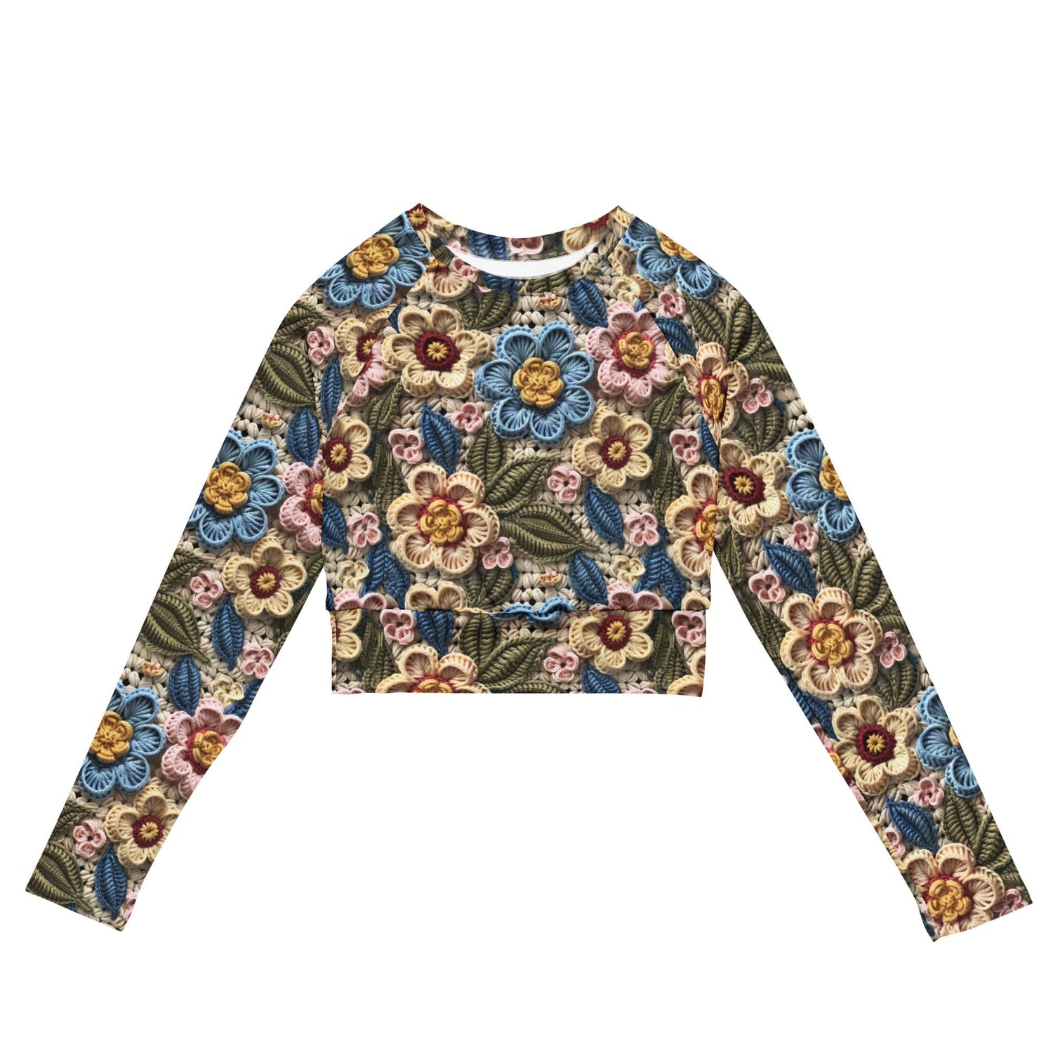 Recycled long-sleeve crop top, floral stylish crotchet design sporty cute verstaile leisure sport travel great gift all occassion crop top