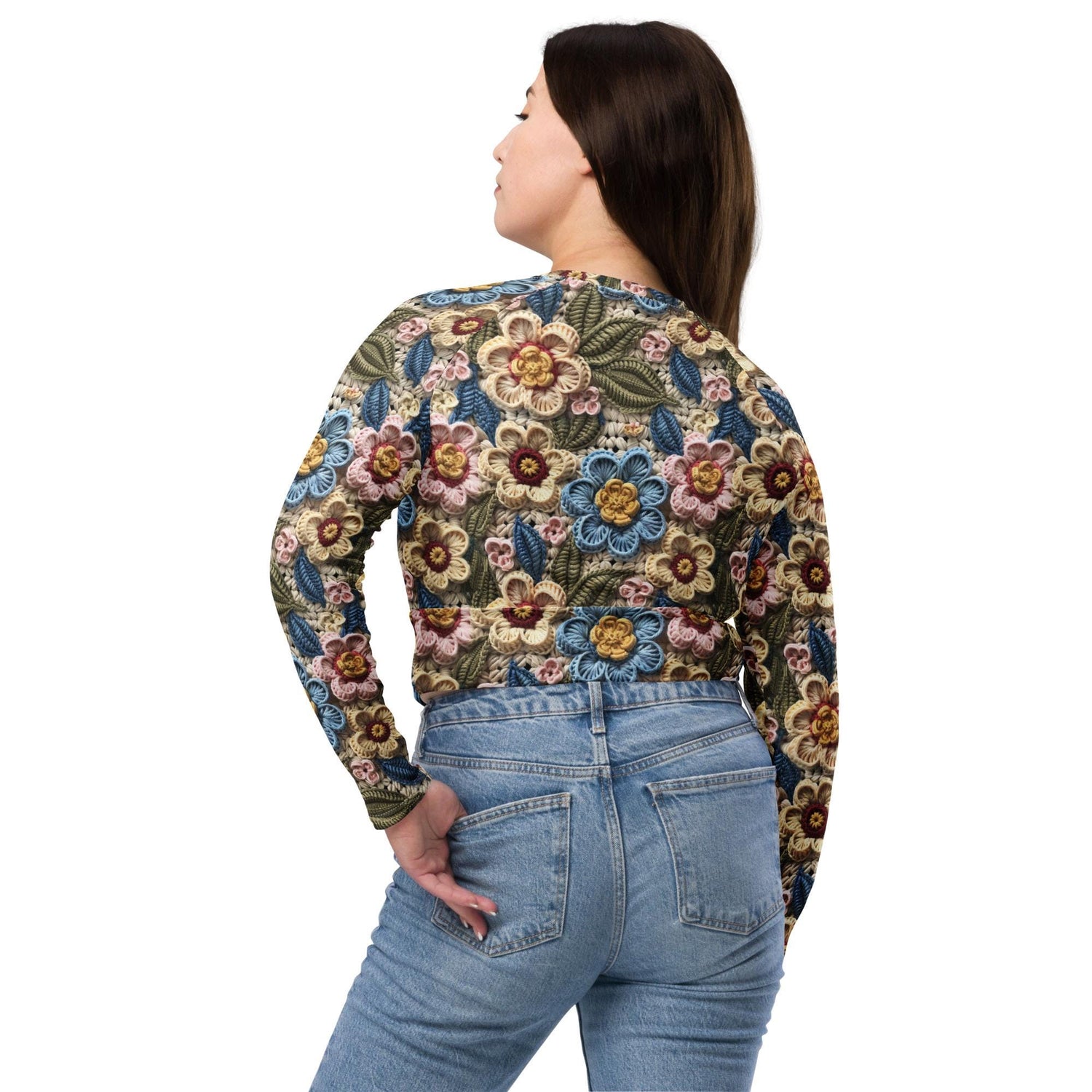 Recycled long-sleeve crop top, floral stylish crotchet design sporty cute verstaile leisure sport travel great gift all occassion crop top