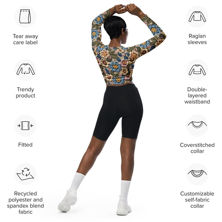 Recycled long-sleeve crop top, floral stylish crotchet design sporty cute verstaile leisure sport travel great gift all occassion crop top