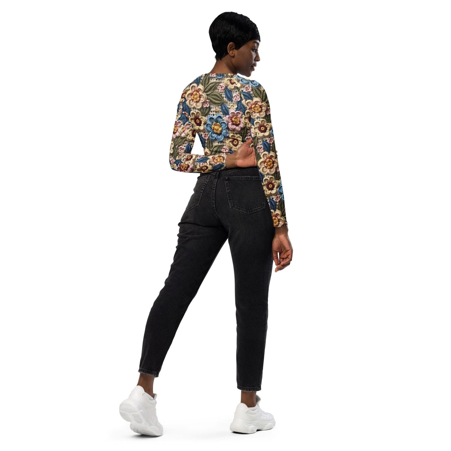 Recycled long-sleeve crop top, floral stylish crotchet design sporty cute verstaile leisure sport travel great gift all occassion crop top