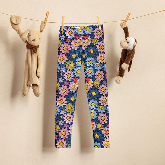 Leggings para niños, estilo de moda de crochet para el regreso a clases, con estampado floral bonito, tela elástica, pantalones de colores vibrantes para el patio del parque escolar.