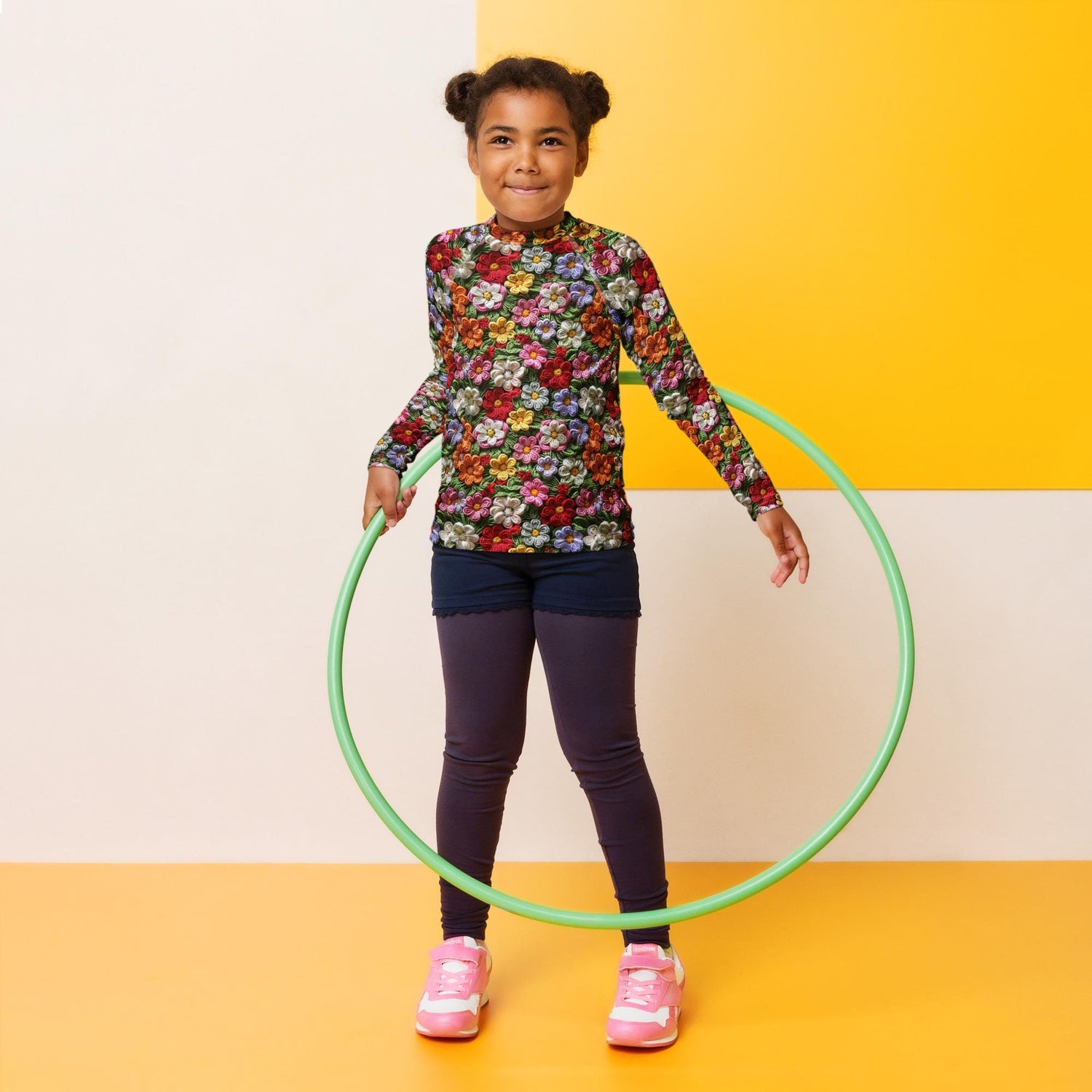 Kids Rash Guard, Floral crotchect colorful soft pattern litle girl spandex polyester fitted everyday school playground classroom clothing