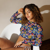 Recycled long-sleeve crop top, sexy crotchet sporty casual jean shorts everyday all activity stylish floral design crop top great for gift