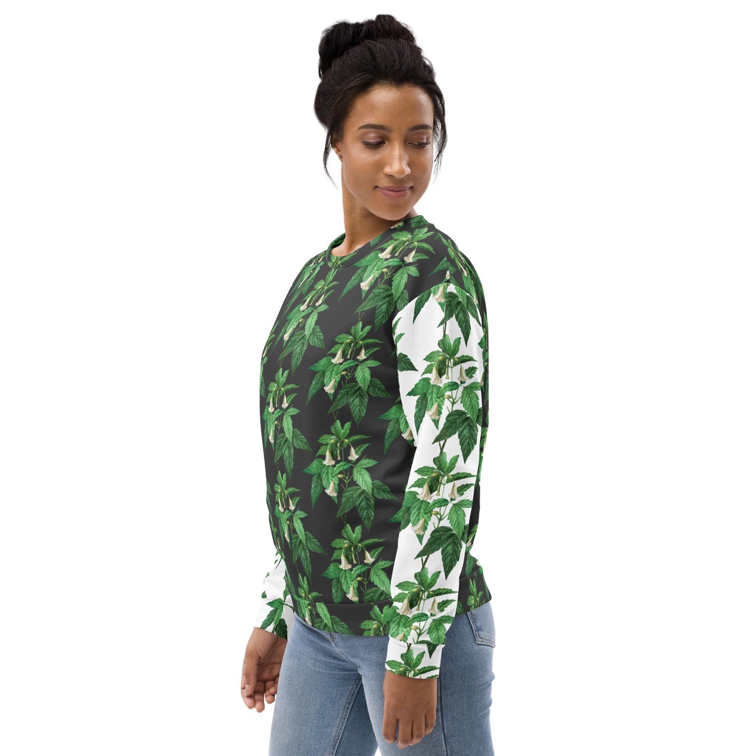 Unisex Sweatshirt, casual green white floral AOP designer stylish back to school wear to office smooth make a statement shirt