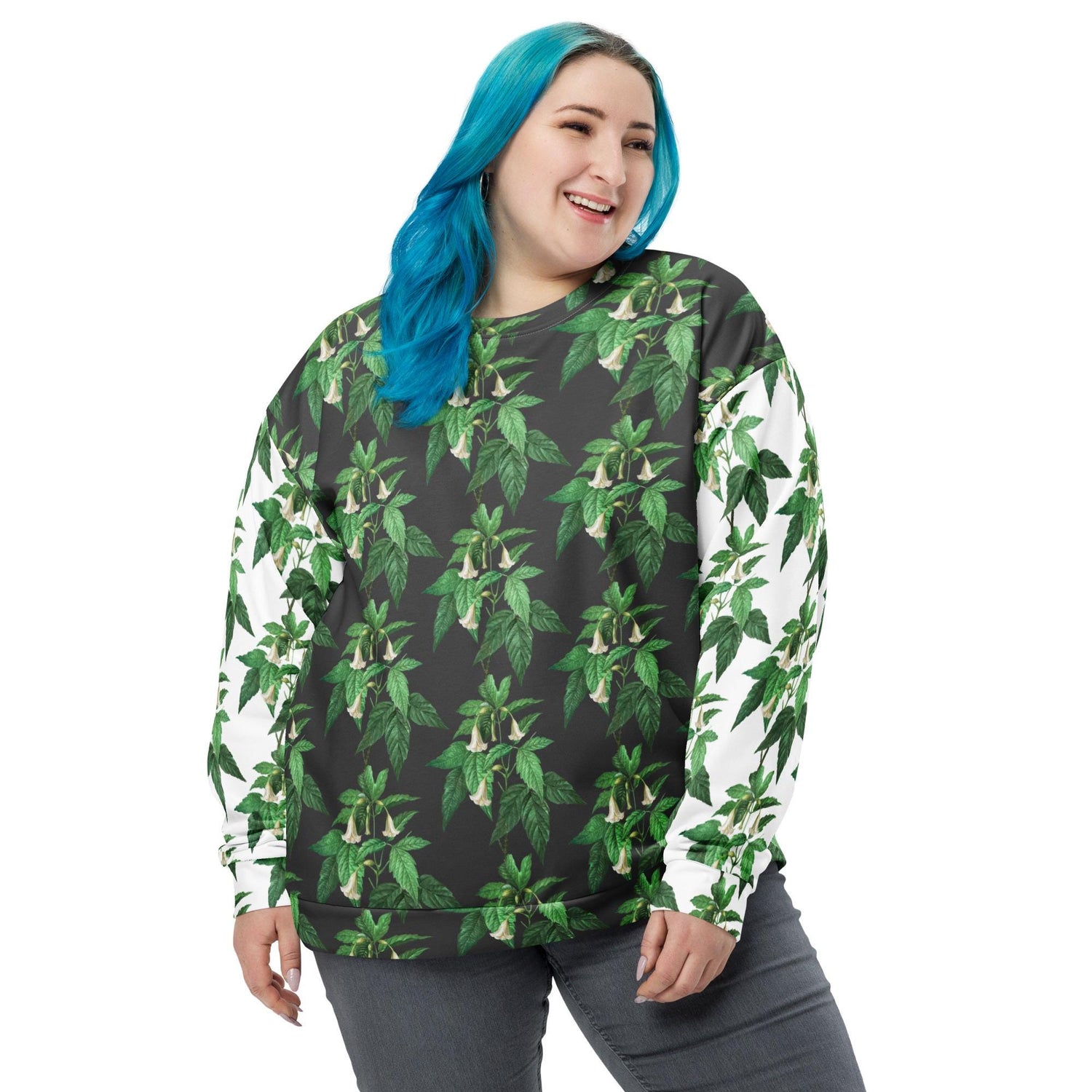 Unisex Sweatshirt, casual green white floral AOP designer stylish back to school wear to office smooth make a statement shirt