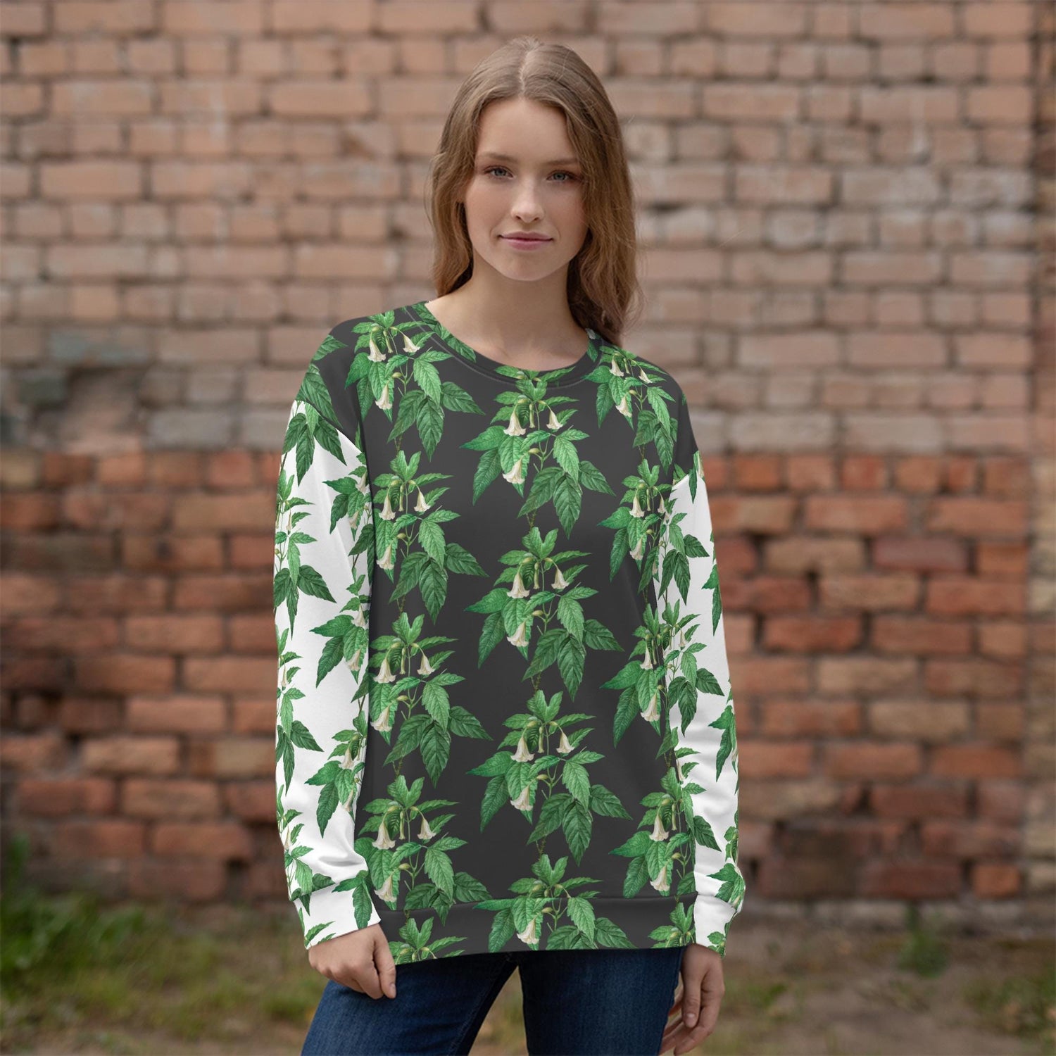 Unisex Sweatshirt, casual green white floral AOP designer stylish back to school wear to office smooth make a statement shirt