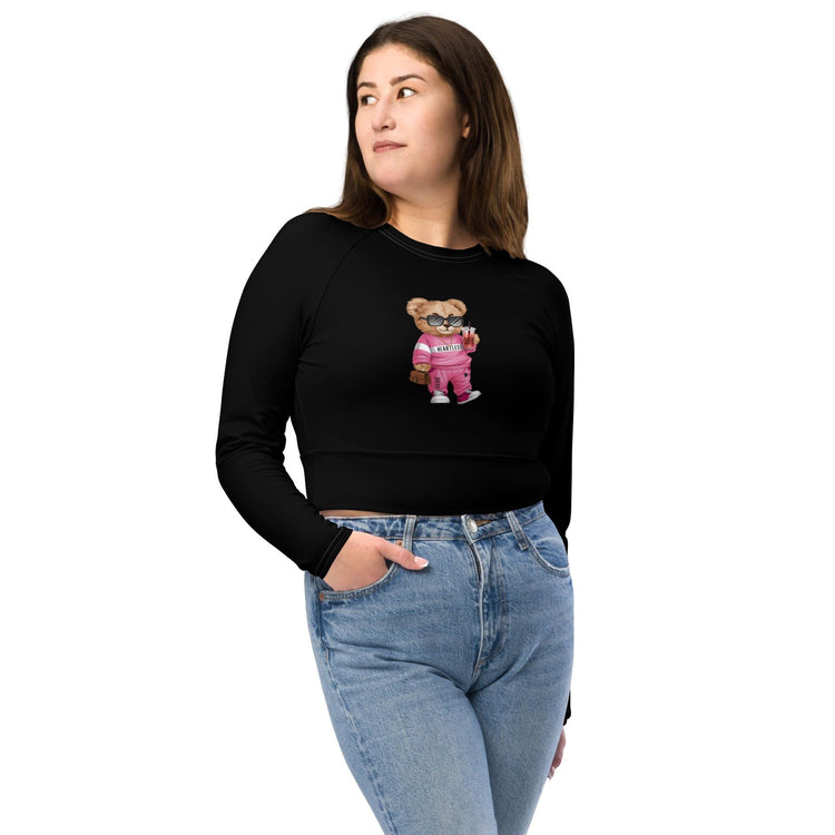 Recycled long-sleeve crop top, sarcastic adorable teddy bear doll comfy gym school fun casual stylish fashionable mid-drif cute shirt