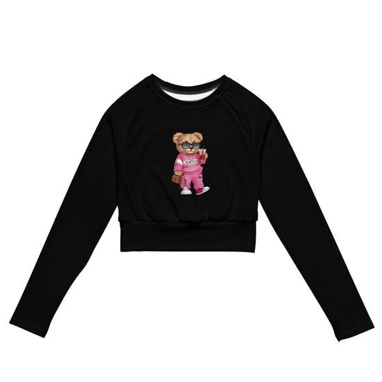 Lindo top corto de manga larga para mujer, adorable y sarcástico muñeco de osito de peluche, cómodo, para gimnasio, escuela, divertido, informal, elegante, a la moda, camisa linda de corte medio.