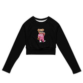 Recycled long-sleeve crop top, sarcastic adorable teddy bear doll comfy gym school fun casual stylish fashionable mid-drif cute shirt