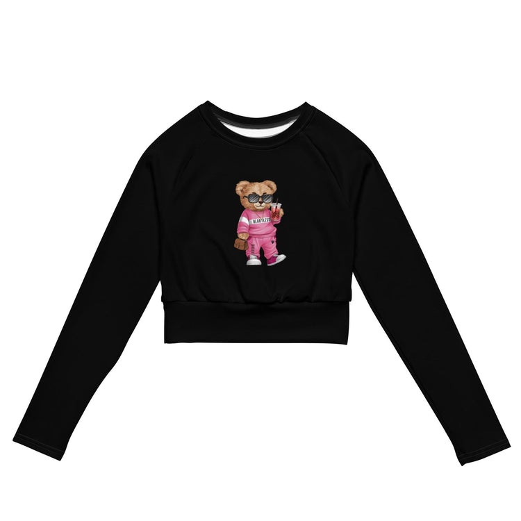 Recycled long-sleeve crop top, sarcastic adorable teddy bear doll comfy gym school fun casual stylish fashionable mid-drif cute shirt