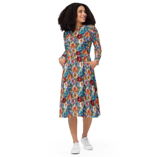All-over print long sleeve midi dress, school work party fashion style floral crotchet allover pretty pattern design clothing attire