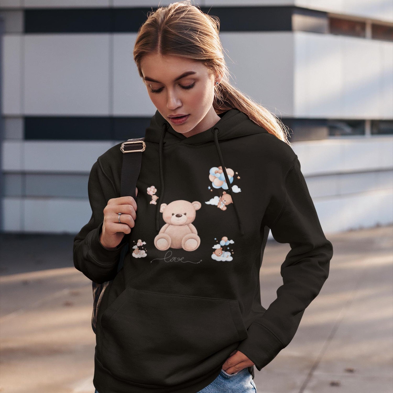 Unisex Heavy Blend Hooded Sweatshirt, Back to school soft cozy casual cute minimalist teddy bear hoodie sweater for her or him